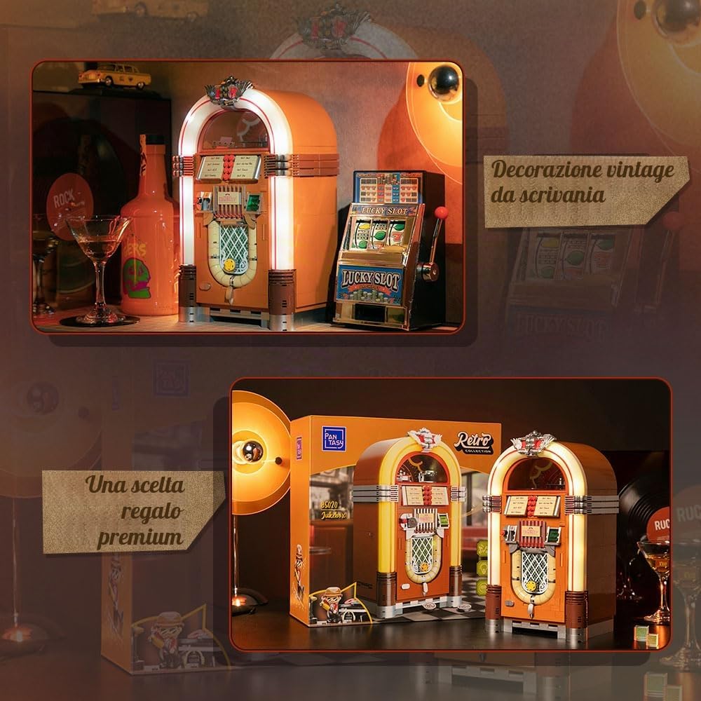PANTASY Kit retrò jukebox con moneta e suono, modello musicale meccanico con dischi in acrilico, studio di registrazione e minifigure, kit da collezione come regalo per adulti e adolescenti