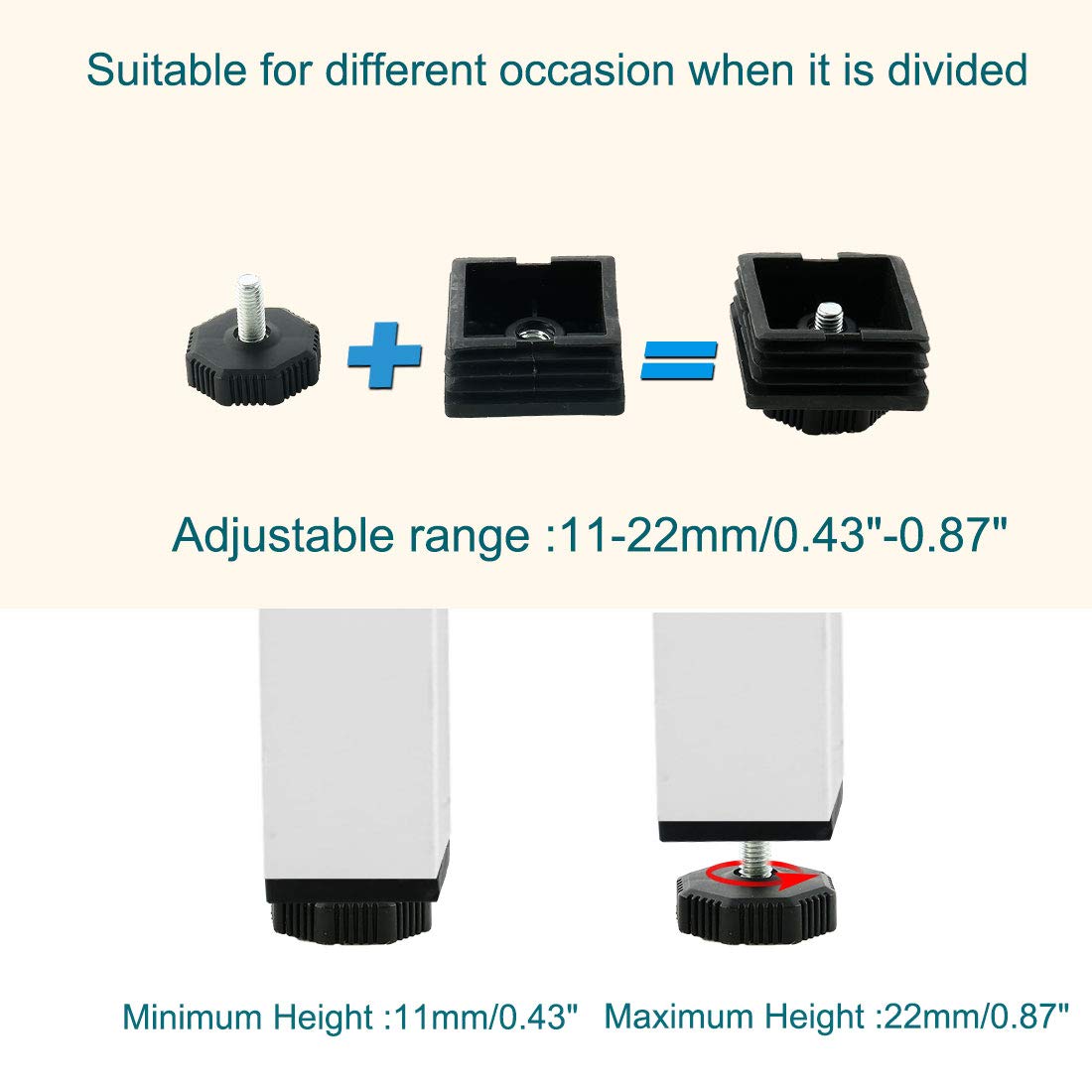 Sourcingmap Leveling Feet 50 x 50mm Square Tube Inserts Kit Furniture Glide Adjustable Leveler for Desk Leg 4 Sets - Image 3