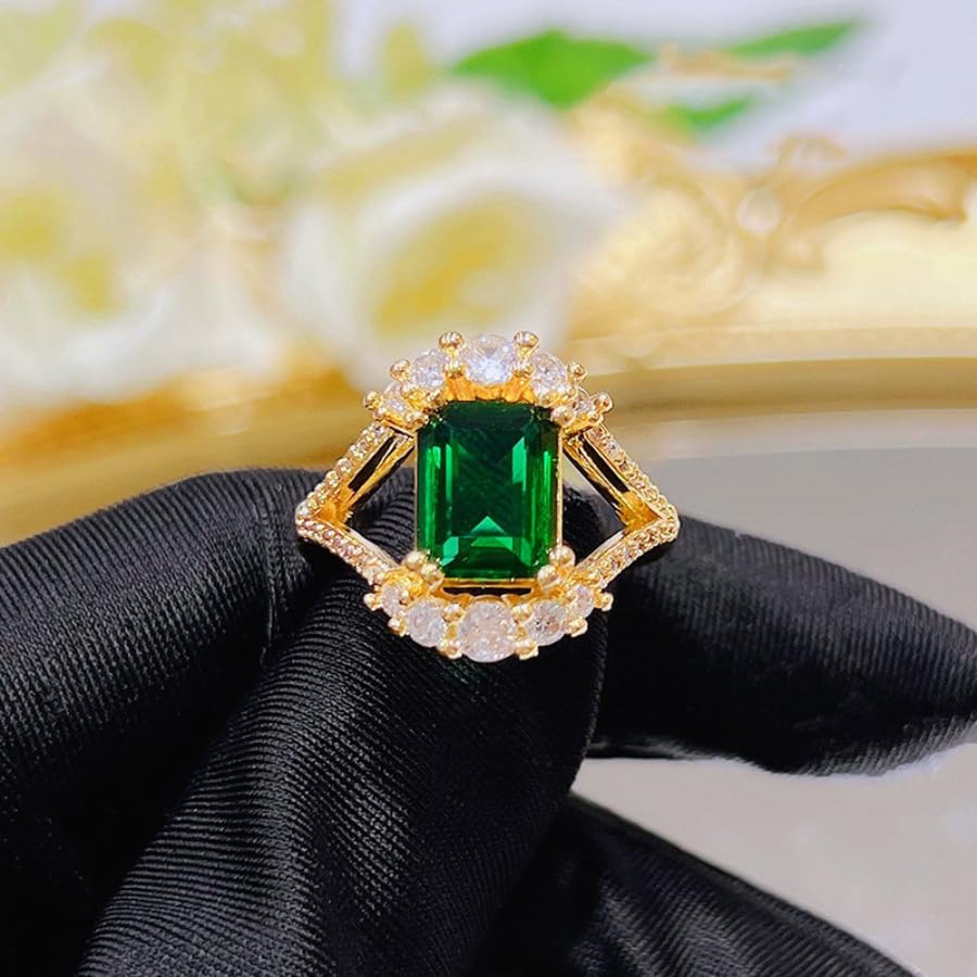 Vintage Green Crystal Engagement Ring for Women, Gold-Tone Alloy Setting with Diamond Accents, Retro Style Statement Jewelry4