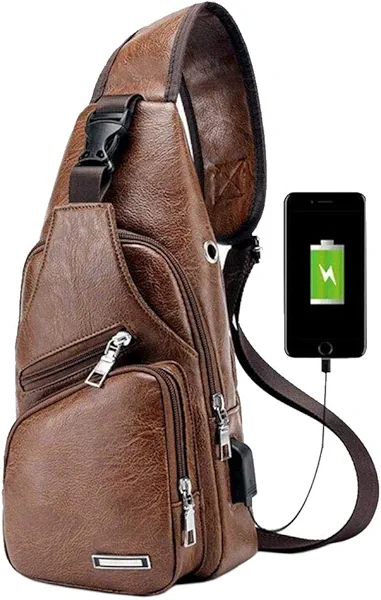 Hebetag Leather Sling Bag Crossbody Backpack for Men Women Travel Outdoor Camping