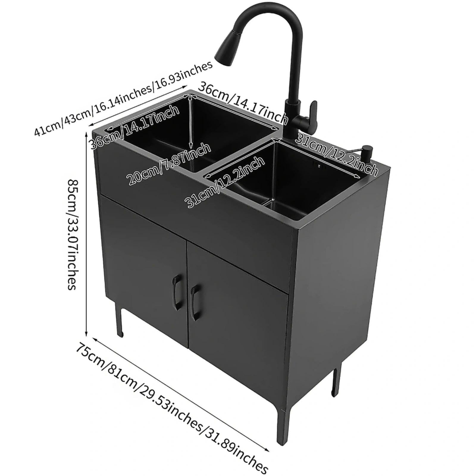 Freistehende Edelstahl KüChenspüLe mit Unterschrank Ausziehbarem Wasserhahn Gewerbliche Doppelbecken SpüLenschrank für KüChe WäSche Badezimmer Komplettes Set(black,75x41x85cm)