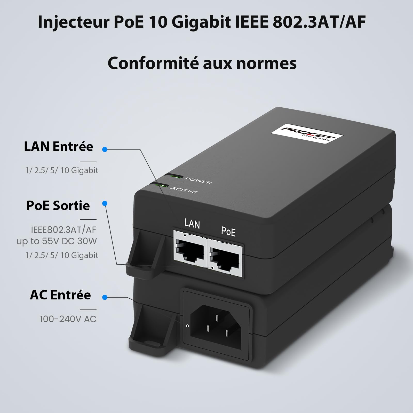 PROCET PoE Injecteur 10 Gigabit 30W PoE Ethernet Adaptateur 10G IEEE 802.3af/at pour eero PoE 6/7, UniFi U6/U7/E7, Points d'accès sans Fil Cisco, caméras AI Pro/ Turret PTZ