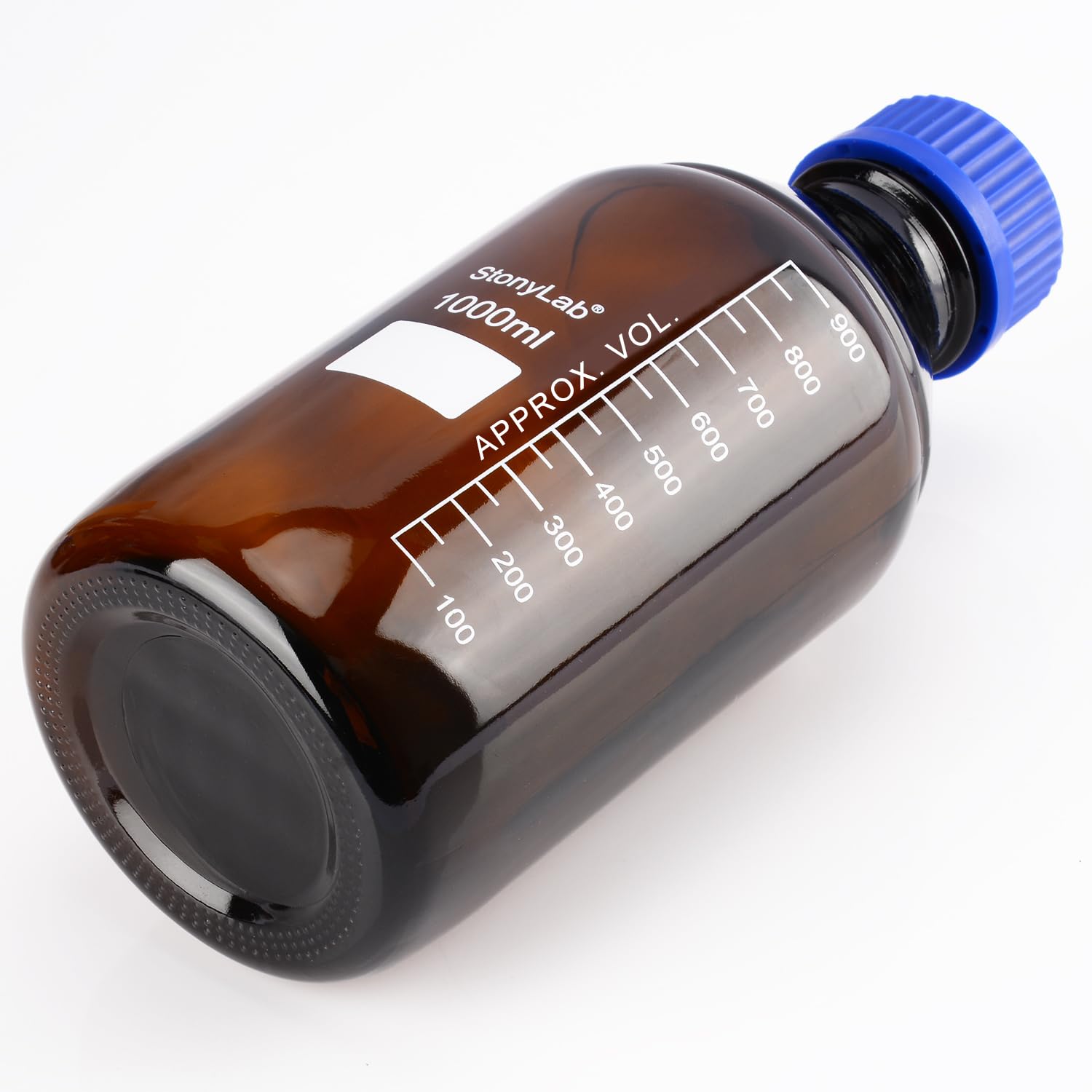stonylab Butelki do przechowywania z zakrętką GL45, 1000 ml, ze szkła bursztynowego, okrągła, do przechowywania odczynników laboratoryjnych, z niebieską zakrętką, 1 opakowanie