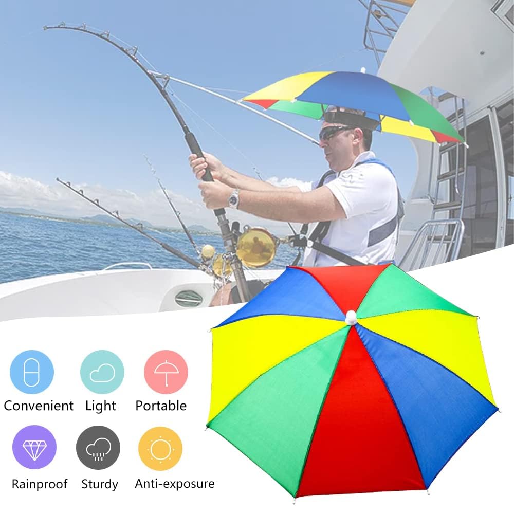 Sombreros de Paraguas,2 PCS Sombreros de Sombrillas Gorras de Paraguas de Arco Iris Paraguas Cabeza con Bandas Elásticas Ajustable Sombrero de Paraguas de Cabeza de Playa para Adultos Niños Pesca al a