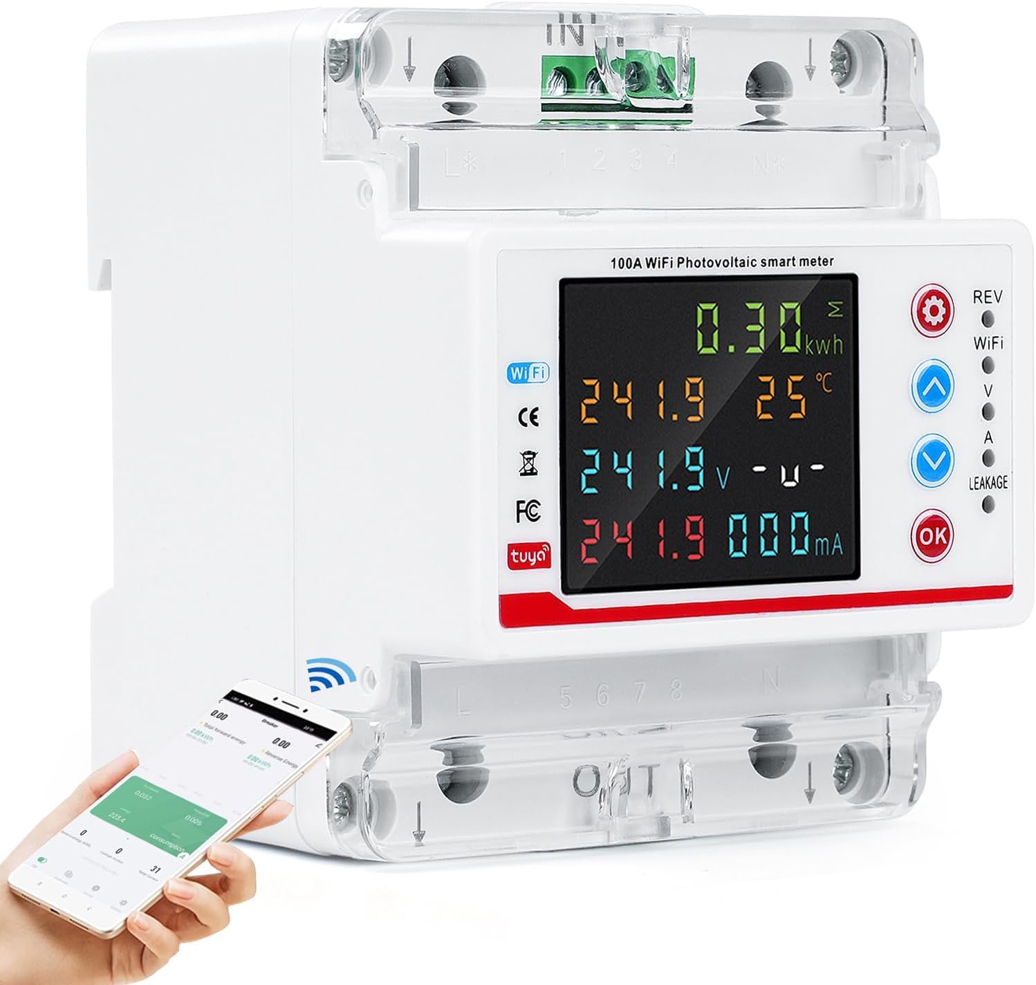 WiFi Contatore Energia Elettrica Monofase, Tuya Smart Misuratore di Consumo Elettrico AC 80-300V 100A Multifunzione Wattmetro Voltmetro Amperometro con Protezione Multipla, Controllo del Tempo