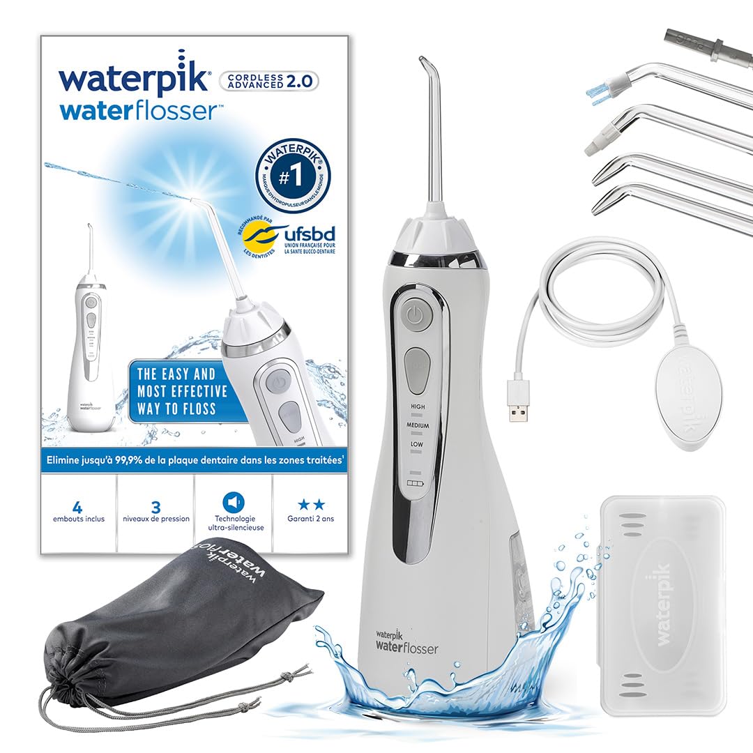 Waterpik Advanced - Hydropulseur Dentaire Sans Fil, Jet Dentaire Portable Rechargeable avec Câble USB, Élimine la Plaque, 3 Niveaux de Pression, Blanc (WP-​580EU)