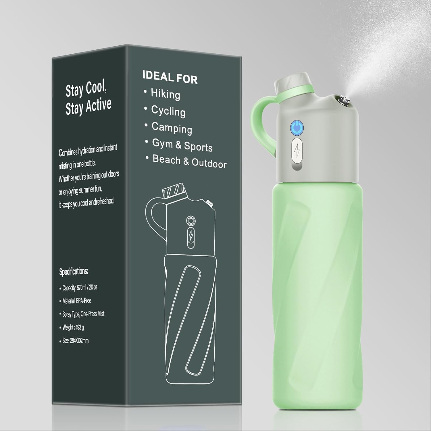 Electric Misting Water Bottle – 2-in-1 Insulated Stainless Steel Bottle with Dual-Speed Cool Mist, 24hr Cold Retention, Leakproof Straw-Free Design for Gym, Hiking, Golf & Beach