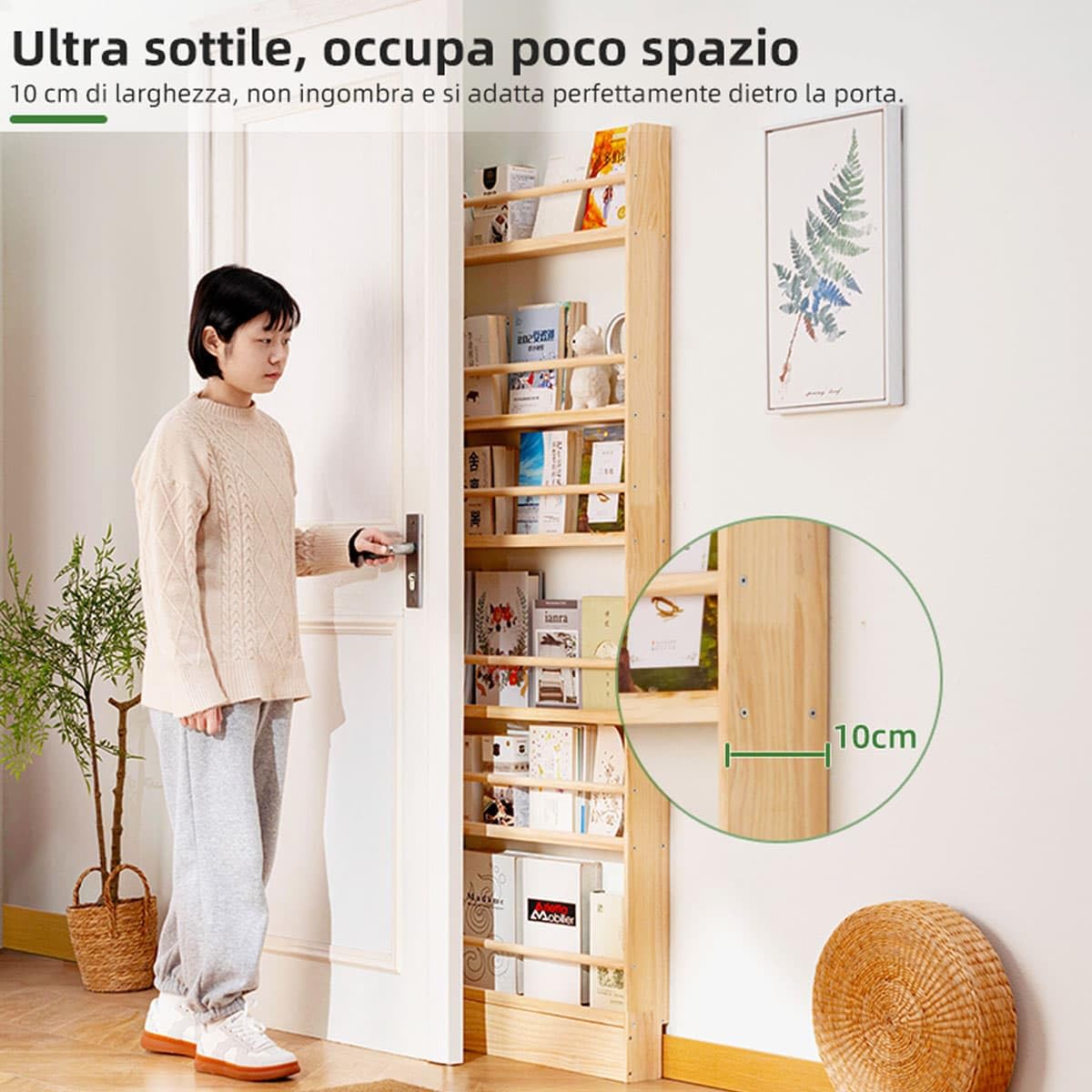 Libreria in Legno Massello con 5 Ripiani, Salvaspazio | Scaffale Porta Libri Verticale Slim con Barra Anticaduta| Profondità 10 cm per Cameretta e Soggiorno