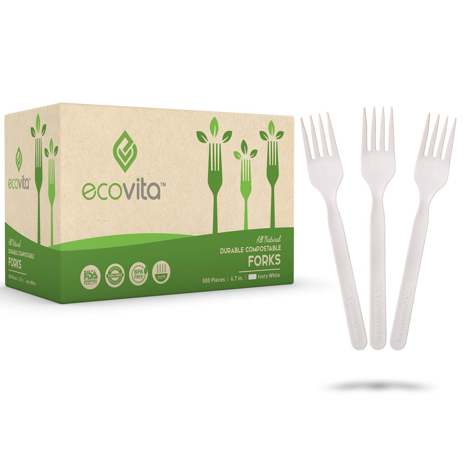 Ecovita 100 Compostable Forks - 500 Large Disposable Utensils 7 in Bulk Size Eco Friendly Durable and Heat