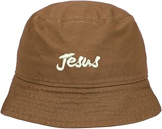 Mens Bucket Hat Jesus Christian Embroidered Washed Cotton Classic Bucket Hat Khaki