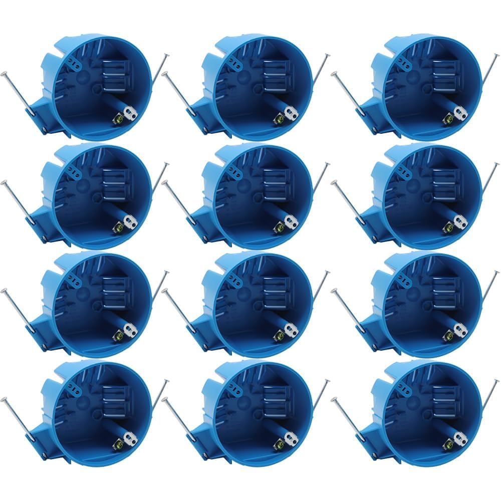 Photo 1 of 1-Gang New Work Electrical Ceiling Box with Captive Nails,4 Dia,Blue,ETL Listed,Plastic Round Junction Box with Ground for Residential(Pack of 12)