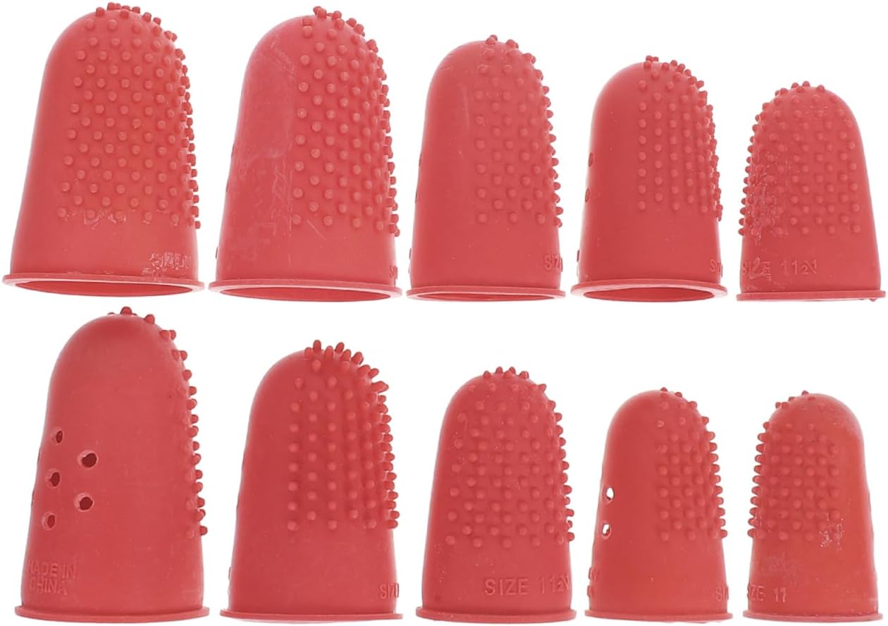 10-Pack Silicone Finger Protectors, Heat-Resistant Non-Slip Rubber Fingertip Covers, 5 Sizes Reusable Sleeves for Sewing, Crafting, Paper Sorting & Hot Glue Burns, Red