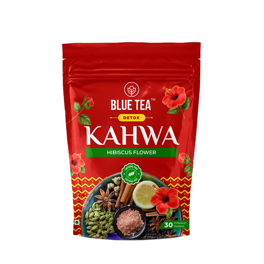 BLUE TEA - Detox Kahwa Hibiscus - 30 Tea Bags - Plant Based | DETOX BLEND | Caffeine Free - Improves Immunity - No-Additives - Non GMO - Tangy Taste | Featured In Shark Tank | Ziplock Packaging-image-36