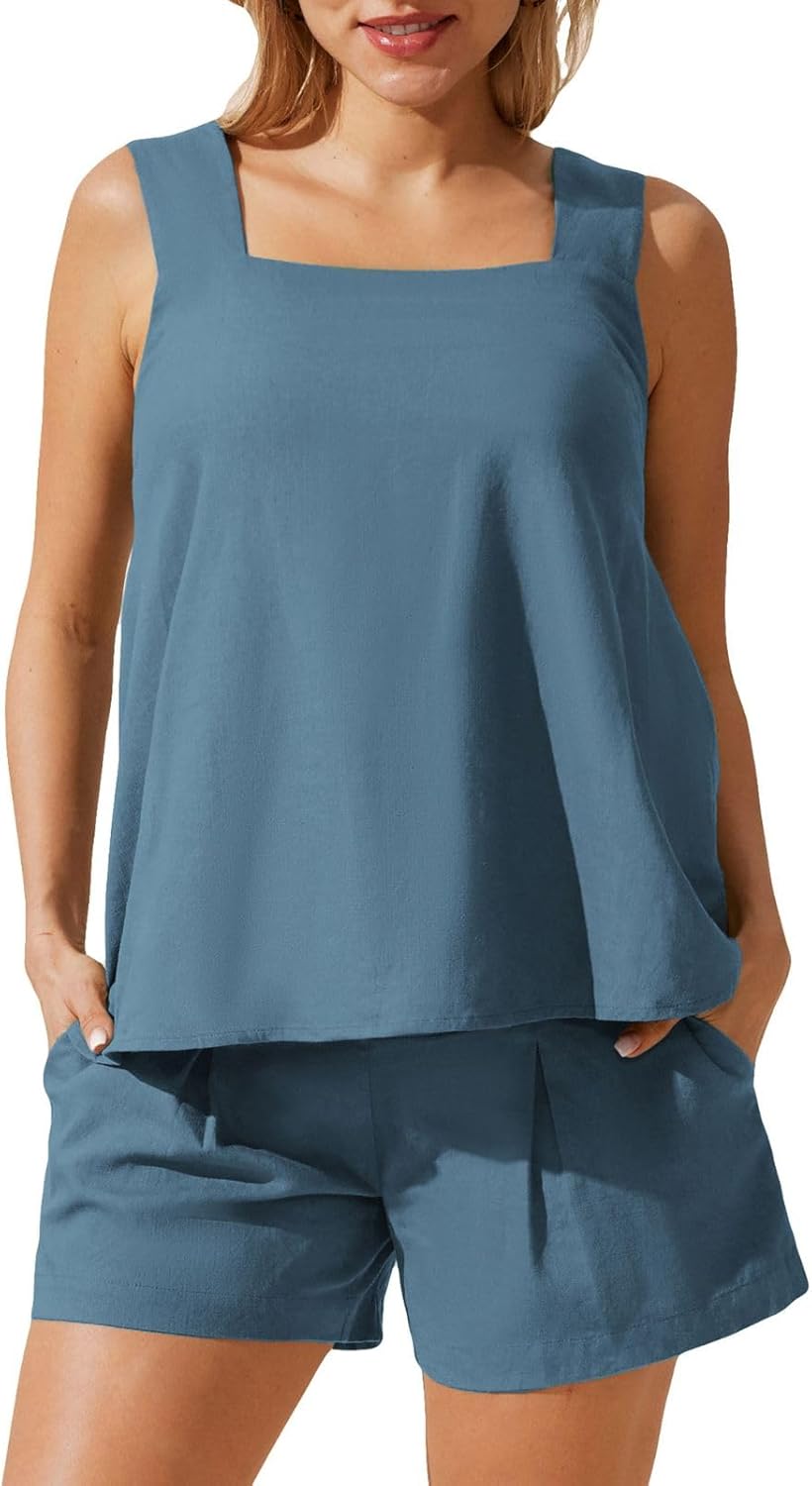 Maacie Maternity 2 Pieces Outfits Summer Linen Shorts Sets Tank Tops Wide Legs Shorts with Pockets