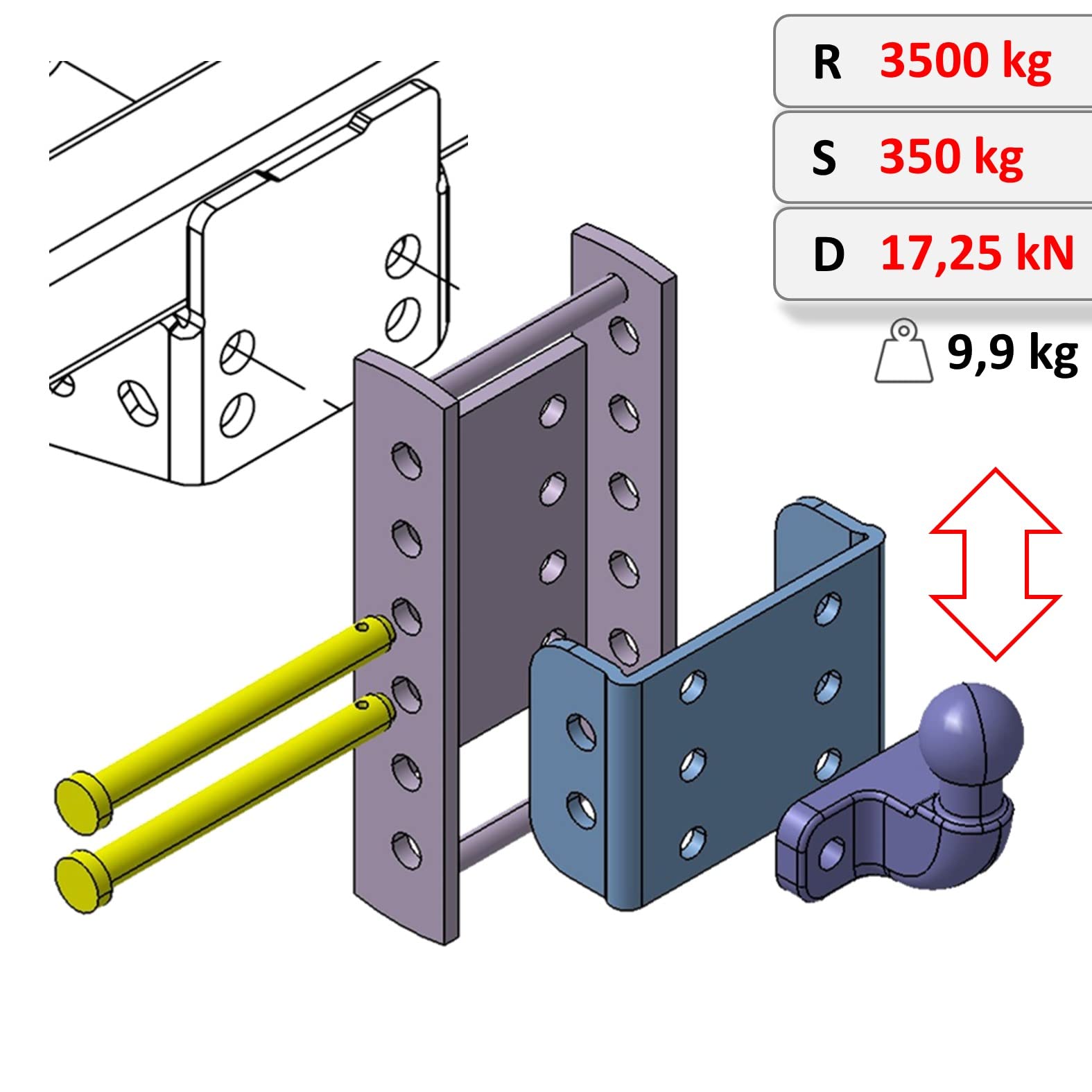 Piastra adattatore universale per regolazione dell'altezza 5 x 90 del gancio di traino per sfere a 2 fori 90 mm AHK-Bock (5 x 45 mm senza set di viti, per 2 fori