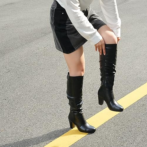 Hawkwell Women's Black White Fall Winter Chunky High-heel Side Zip Knee High Boots2