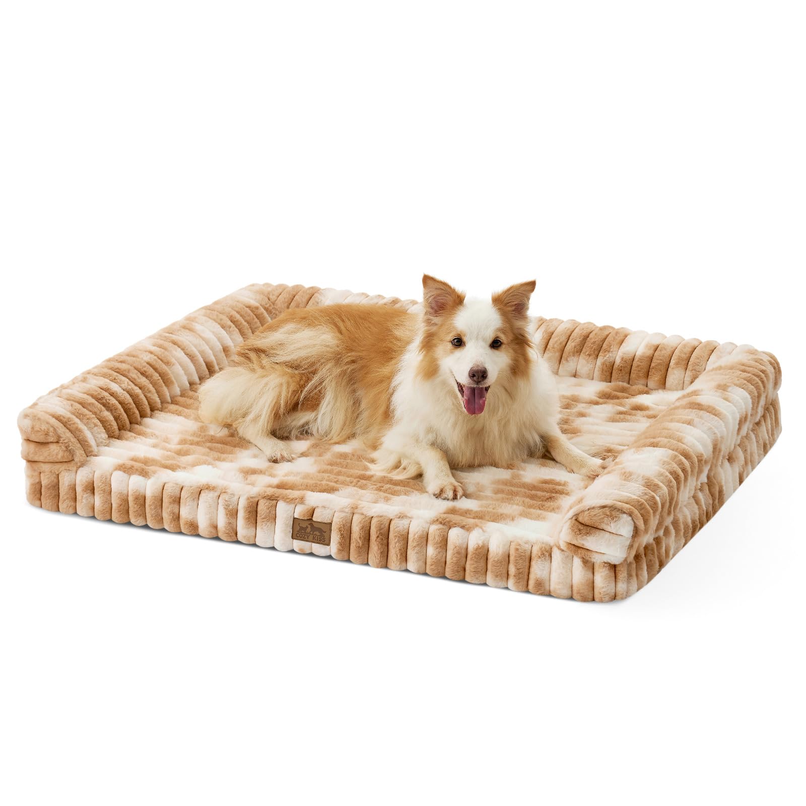 COZY KISS Cord-Design Orthopädisches Hundebett aus Kunstfell – Ergonomische Hundematte-Sofa für Große Hunde, 110x80 cm, mit Eierförmiger Kistenschaum, Abnehmbar, Waschbar, Kaufsicher, Tie-Dye Brown