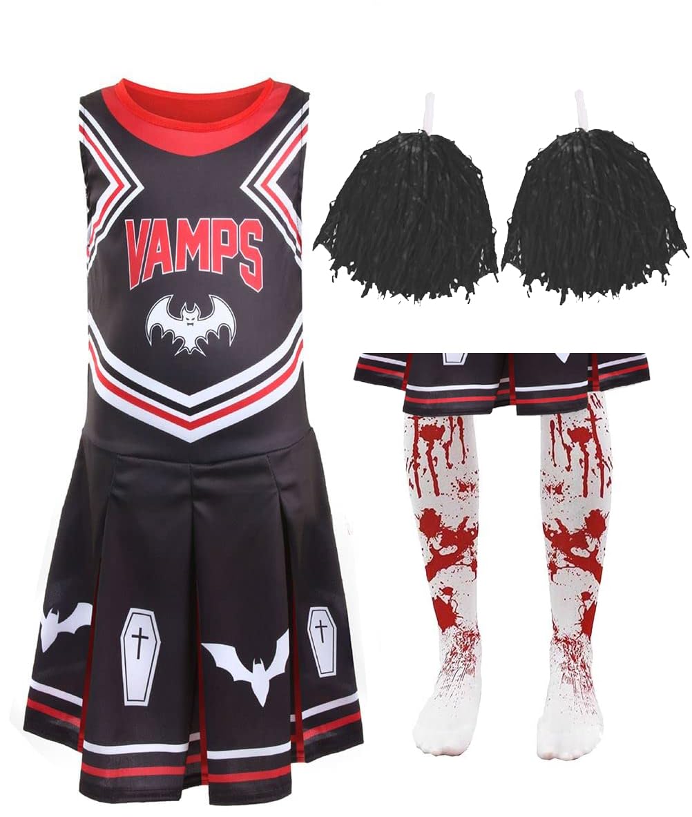 Buy Girls Halloween Vampire Cheerleader Costume Black Dress with Pom Poms and Tights Kids
