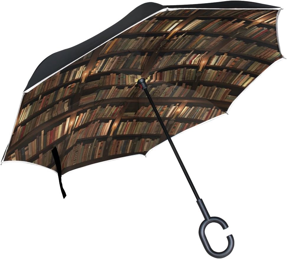 ALAZA Vintage Bookshelf Bookworm Book Inverted Umbrella, Large Double Layer Outdoor Rain Sun Car Reversible Umbrella