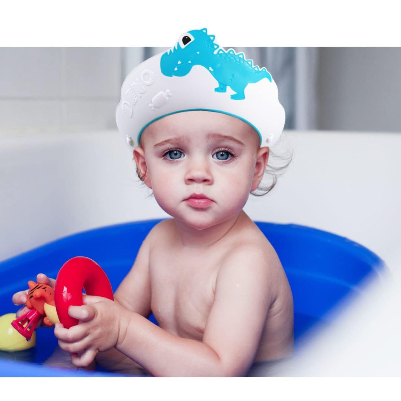 Baby Shower Cap for Kids Hair Washing Shield, Toddler Bath Hat, Shampoo Visor, Head Protector - Cute Dinosaur Shape Makes Bath More Fun - Blue - Image 5 thumbnail