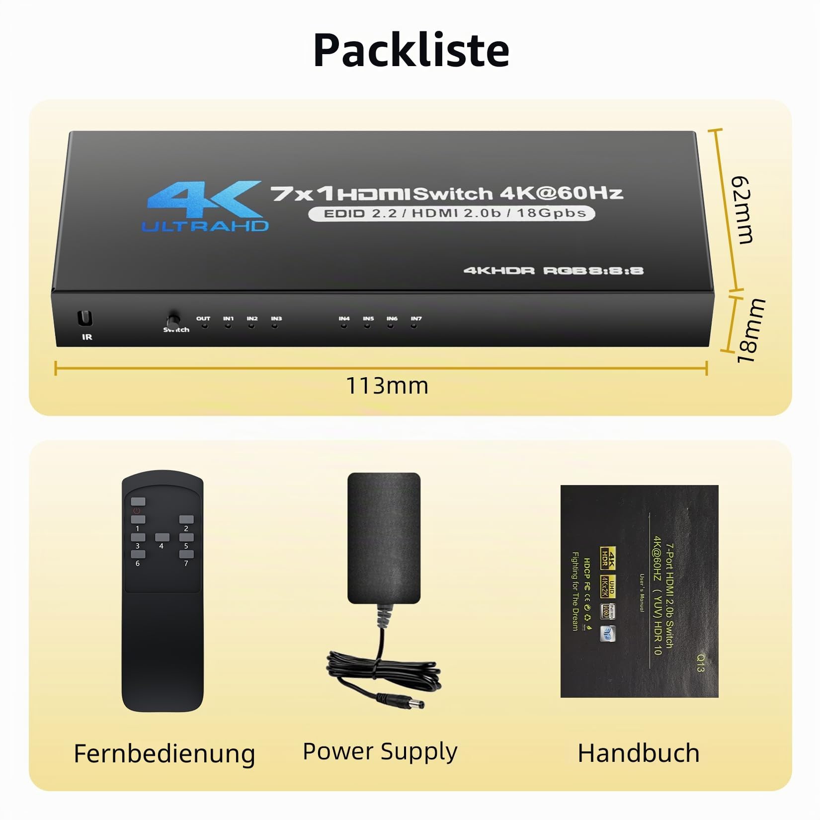 HDMI 2.0 Switch 7 In 1 Out, BolAAzuL 4K@60Hz HDMI zu HDMI-Port Erweiterer Switch HDR HDMI 2.0 Switcher Fernbedienung unterstützt 3D, HDCP2.2, HDR für PS5, Xbox-Serie X, HDTV, PC