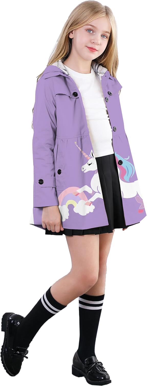 Betusline Girl's Single Breasted Trench Coat Hooded Dress Coat Outerwear, 2-14 Years