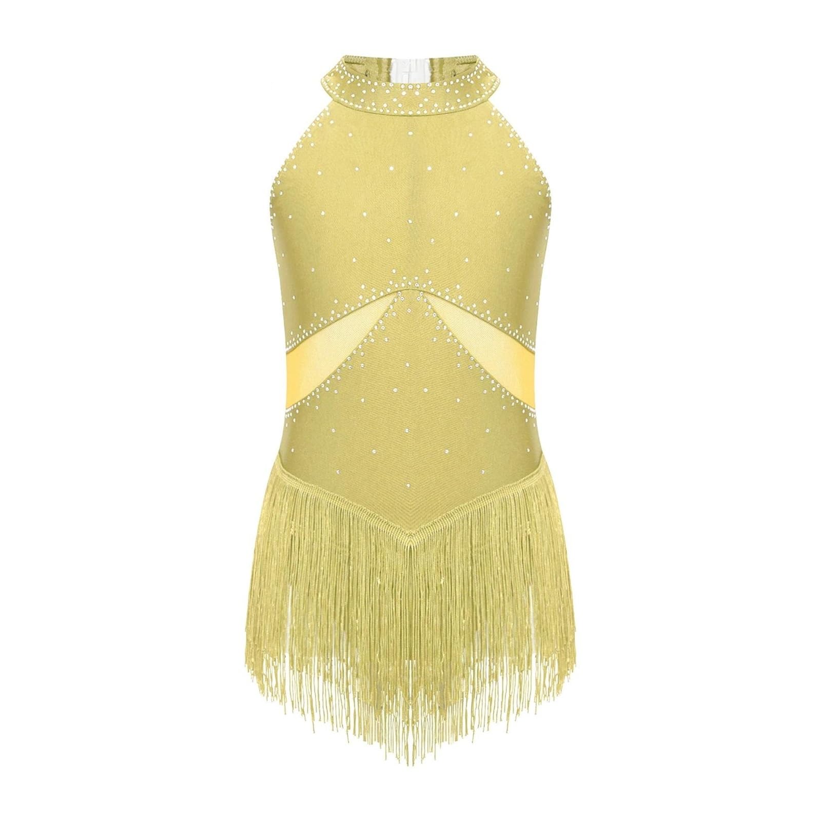Maillot Patinaje artistico Leotardo con Flecos y Diamantes de imitación for niñas, Vestido de Patinaje artístico, Mono con borlas for Gimnasia, Cha-Cha, Tango, Baile Latino(Yellow,6)