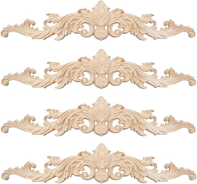Liwein 4 pcs Wood Carving Decal Wood Carved Long Applique Onlay Unpainted Furniture Door Wood Carving Decoration for Cabinets Windows Cupboards Mirrors Furniture