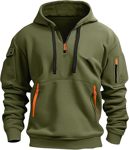 Fall Winter Quarter Zip Hoodie Men Pullover Tactical Sweatshirt Vintage Long Sleeve Casual Hoodies with Pockets