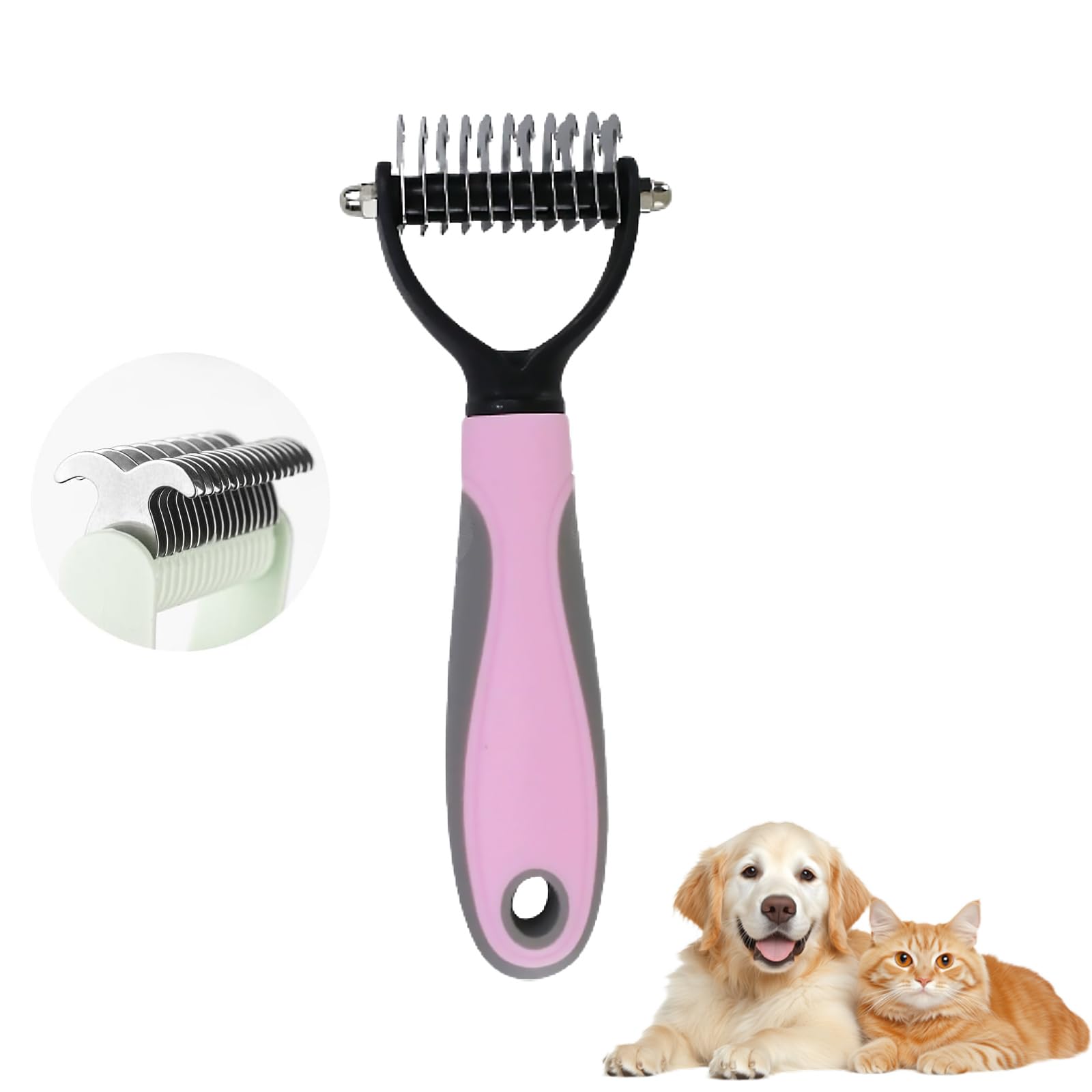 Double-Sided Deshedding Pet Grooming Brush, Professional Dematting Comb for Dog and Cat, Pet Grooming Rake for Long Haired Cat Dogs Removing Loose Undercoat Tangles Mats (Pink,S)