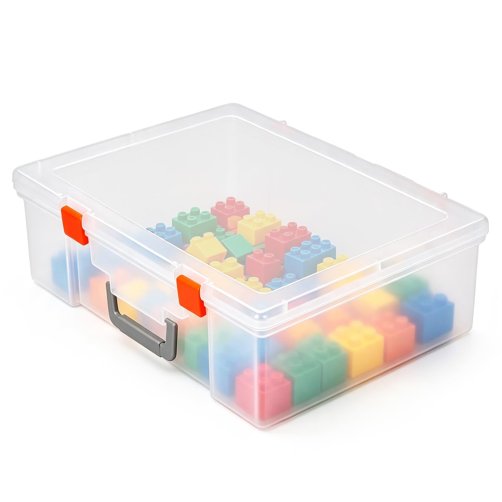 Extra Large Plastic Storage Box with Handle, 18L Clear Organiser Box with Secure Orange Latches, Thickened Eco PP Toy Storage Box for Lego, Crafts, Clothes, Underbed Slim Under-Desk Storage45x32x13cm