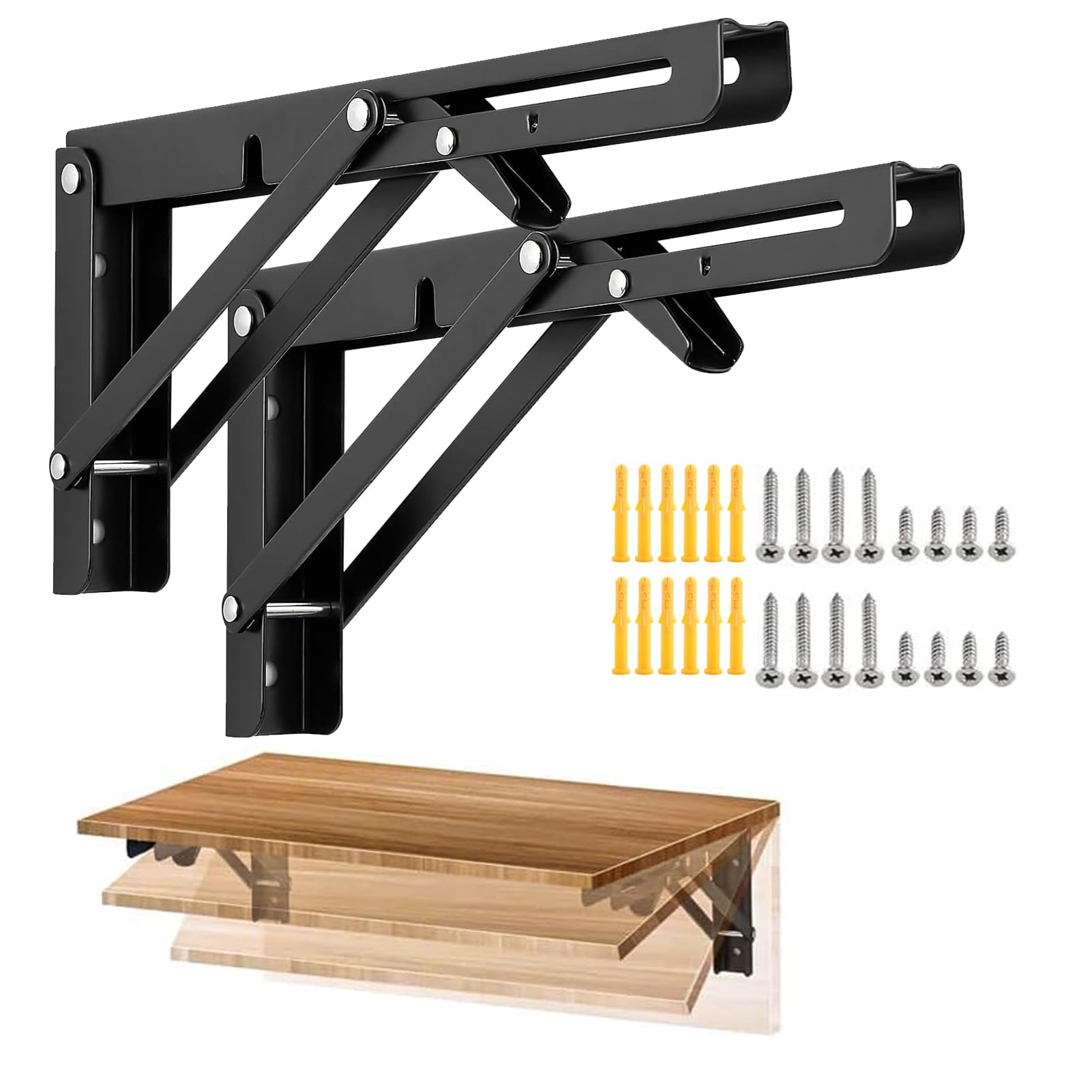 View 1 of 12'' Folding Shelf Bracket, Heavy Duty L Bracket, Black, 2 Pack
