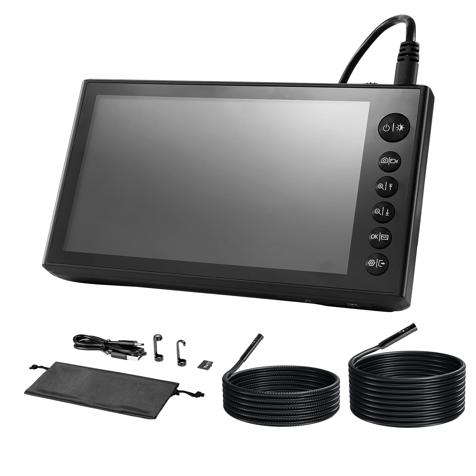 VEVOR Endoscopio de Triple Cámara con Pantalla IPS, Cámara de Inspección con Pantalla Dividida, Sonda de 8 mm, Cable de 3 m y 5 m, Batería 5000 mAh, Luces LED, 32 GB, para Motores, HVAC y Tuberías