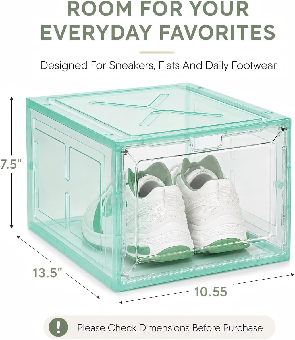 1 Pack Green Stackable Shoe Box for Men’s Sneakers, Magnetic Drop-Front Organizer for Closet or Display, Fits Shoes up to Size 13 – 13.5 x 10.55 x 7.5 In image 3
