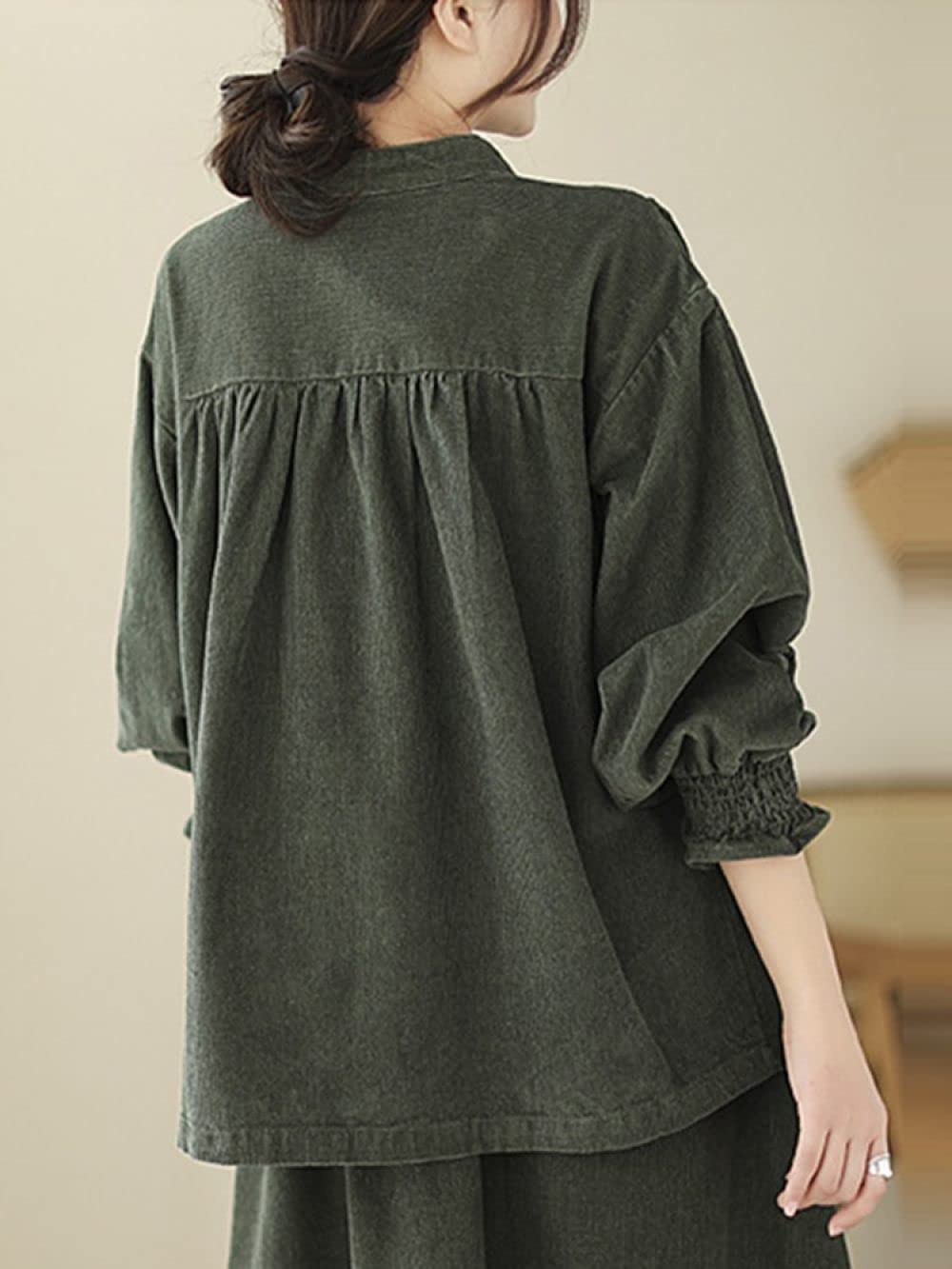 Damen-Hemd Mit Knopfleiste,Damen Vintage Puffärmel Langarmhemd Grün Baumwolle Leinen Bluse Baggy Solide Mode Hemden Tunika Lässige Hemden Mit Knöpfen Party Tops Lässige Bürobluse Für Mädchen Damen