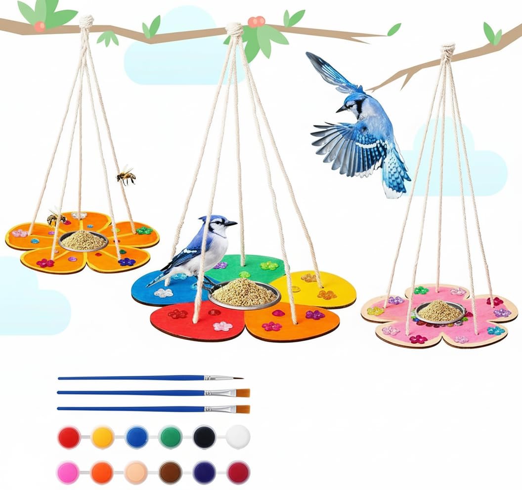 MAKINGTEC Bird Feeders for Kids, 3 Pcs Kids Arts and Crafts DIY Wooden Painting Kits with Diamond Stickers for Kids Outdoor Learning Educational Fun