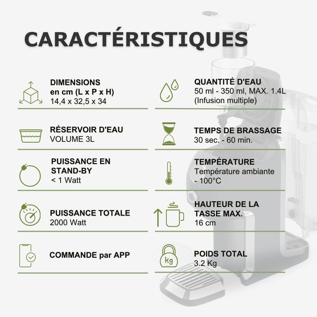 Machine à thé BRU pour thé en vrac & herbes & sachets de thé, SANS capsules, distributeur d'eau chaude & machine à thé, système de nettoyage automatique (Noir/Chrome)