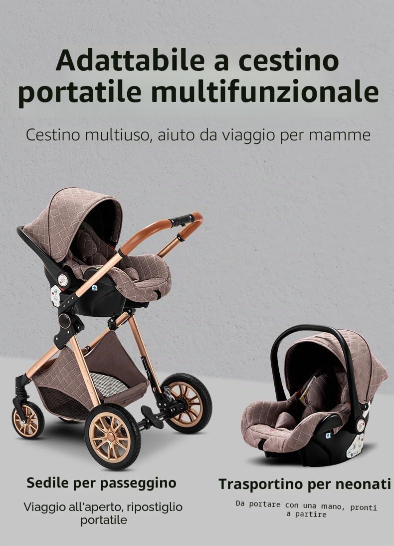 GLOKID passeggino trio 3 in 1, pieghevole, carrozzina reversibile fronte mamma e strada, sistema modulare con carrozzina per neonati, con borsa, zanzariera e parapioggia (PTV9 Cioccolato)