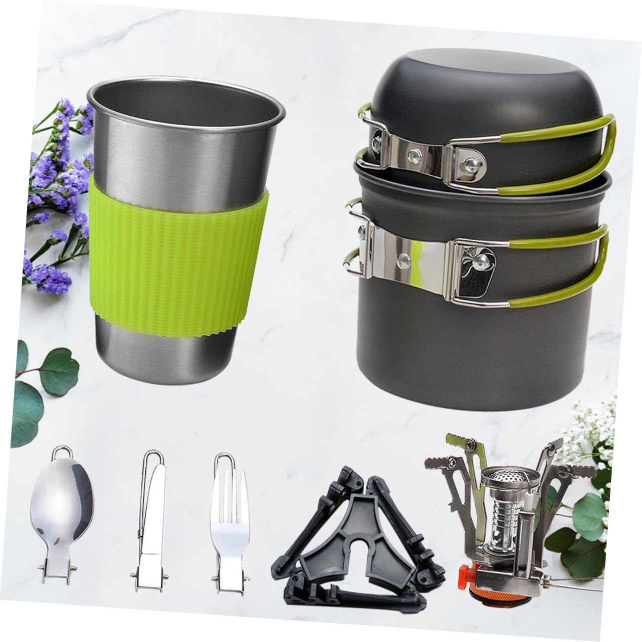 BESPORTBLE Set di Pentole da Campeggio in Lega di Alluminio, Kit Cucina Portatile per Escursionismo e Picnic, Posate e Accessori Inclusi