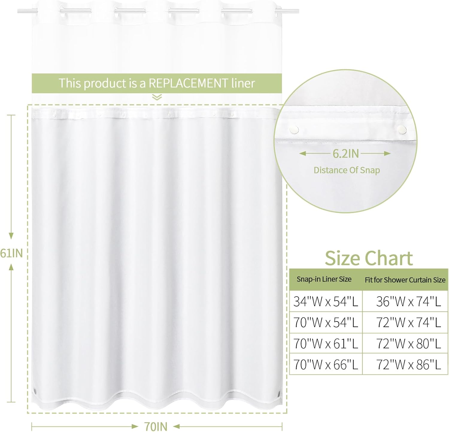 Litabel White Fabric Snap-in Shower Curtain Liner Replacement, 70W x 61H Waterproof Removable Liner for No Hook Shower Curtains with Snap in Liner, Soft Cloth & Hotel Quality, Machine Washable image 3