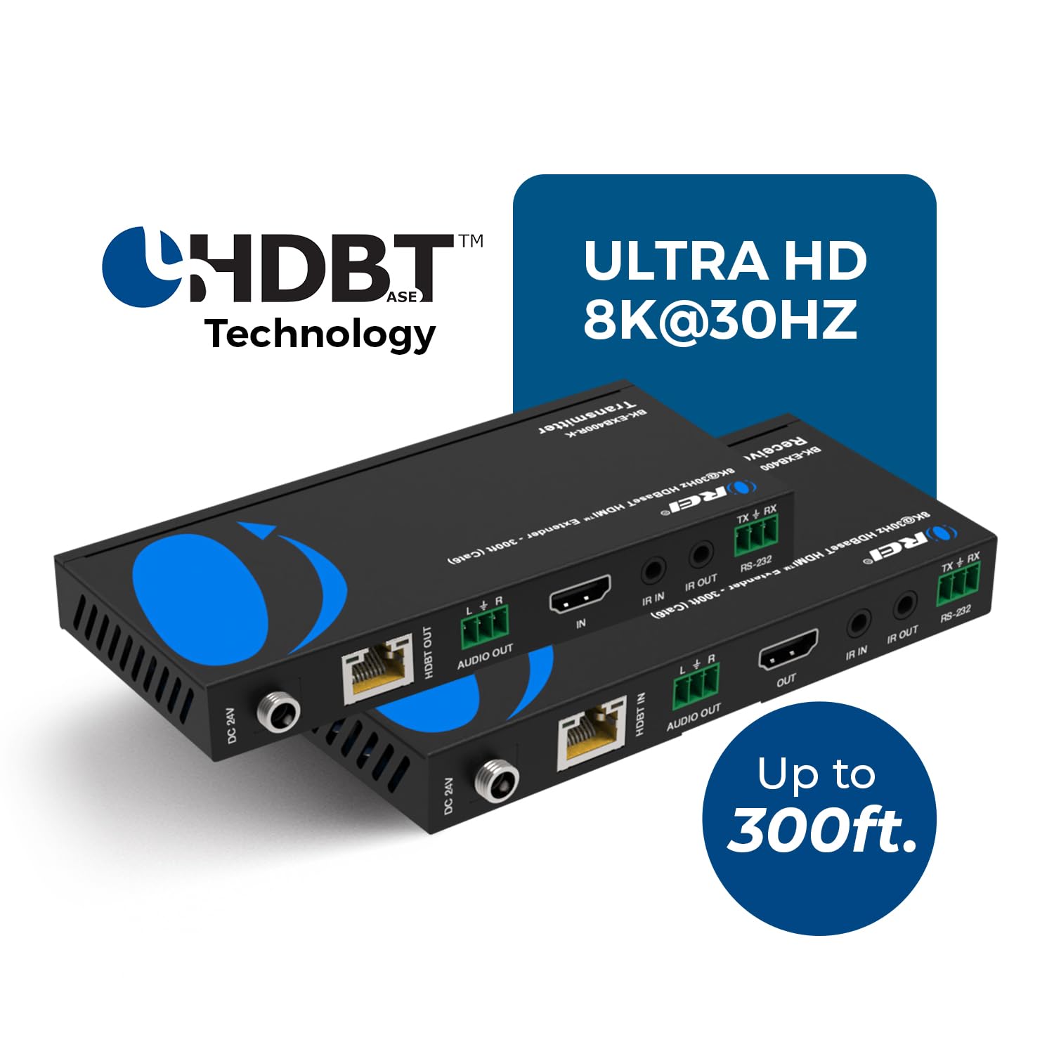 OREI Câble d'extension HDMI sur Ethernet 4K @ 120 Hz - HDBaseT UltraHD 8K @ 30 Hz CAT6/7 - Contrôle HDR, CEC et IR, RS-232 - 120 m avec câble d'alimentation et sortie