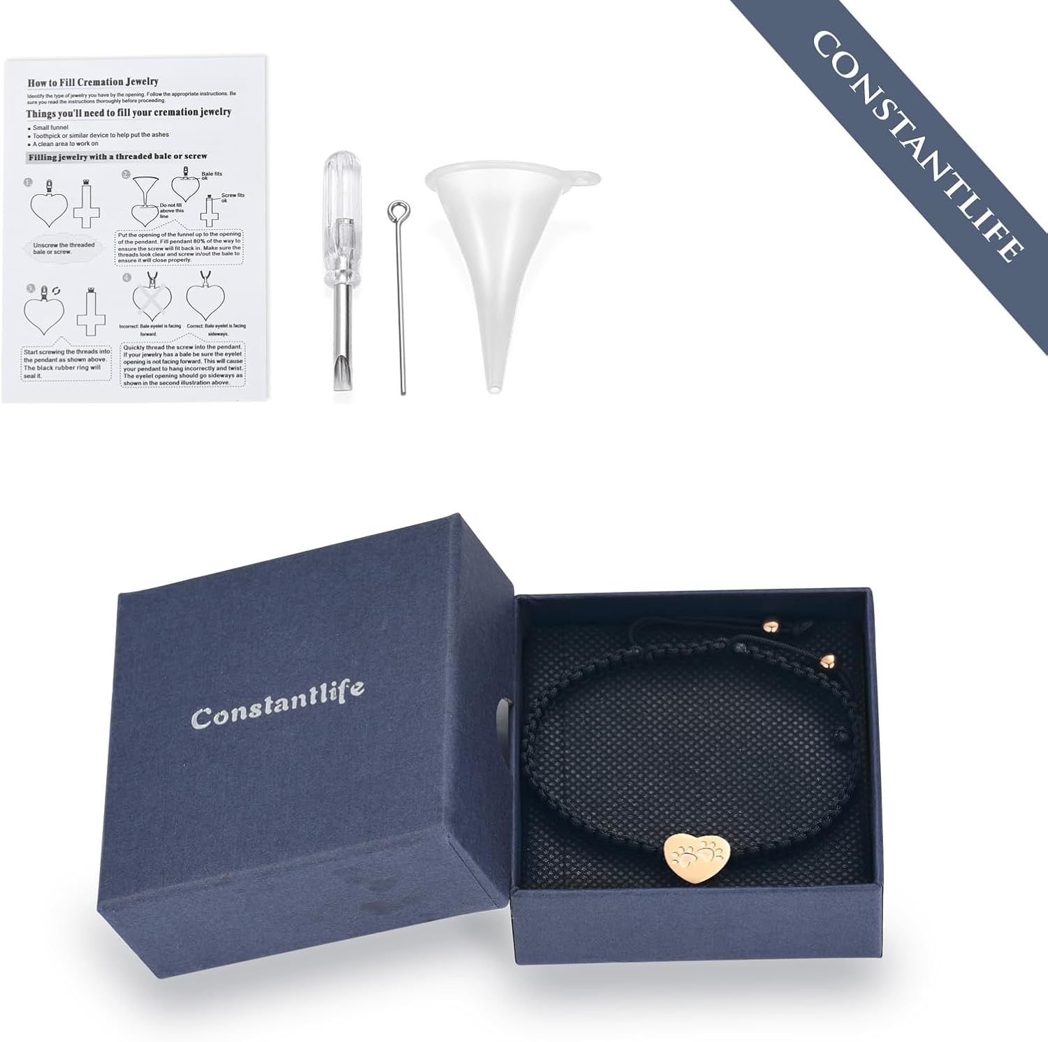 constantlife Heart Cremation Urn Bracelet for Ashes - Stainless Steel Paw Print Pendant Keepsake Jewelry Adjustable Braided Wristband Bangle Pet Dog Cat Memorial Gift for Women