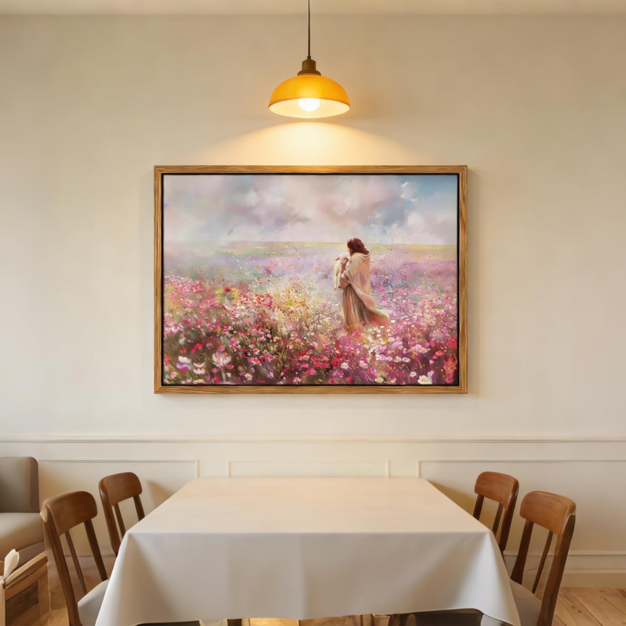 Framed Jesus Embraces the Lost Lamb Canvas Wall Art Christian Wall Decor Jesus and Lamb Painting Bible Story God Leaving the 99 Sheep Picture for Bedroom Prayer Room Church Home（12x16in）