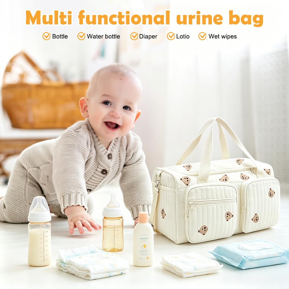 Borsa fasciatoio versatile per mamme, bambino e maternità, borsa fasciatoio, passeggino per mamme, cerniera con ricamo, orso, stampato, per nascita in ospedale, viaggi, passeggino