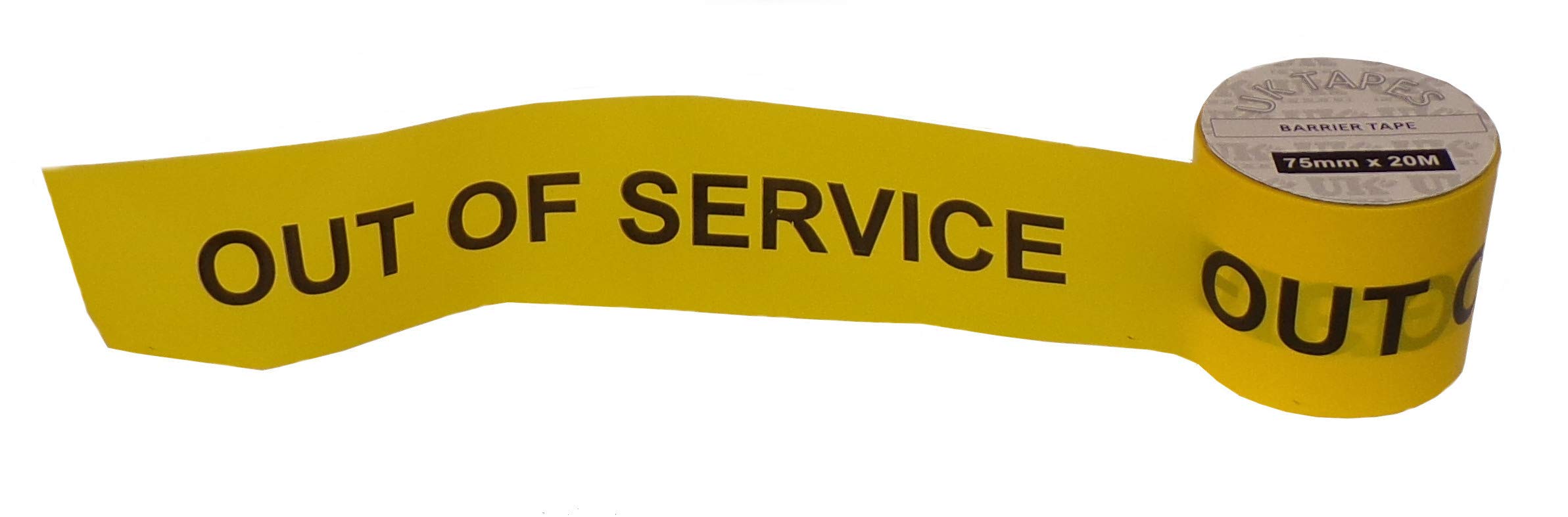 Uk Tapes Black On Yellow Out Of Service Barrier Tape - Hazard Warning Cordon - Non-Adhesive Plastic Marking Tape (75Mm X 20M)
