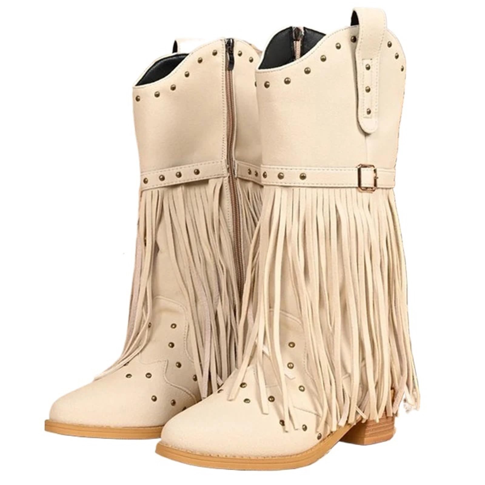 Stivali Texani Donna Stivali con nappe stile street Donna Beige Taglie forti 36-43 a metà polpaccio for donna Punta a punta cerniera Botas femminile