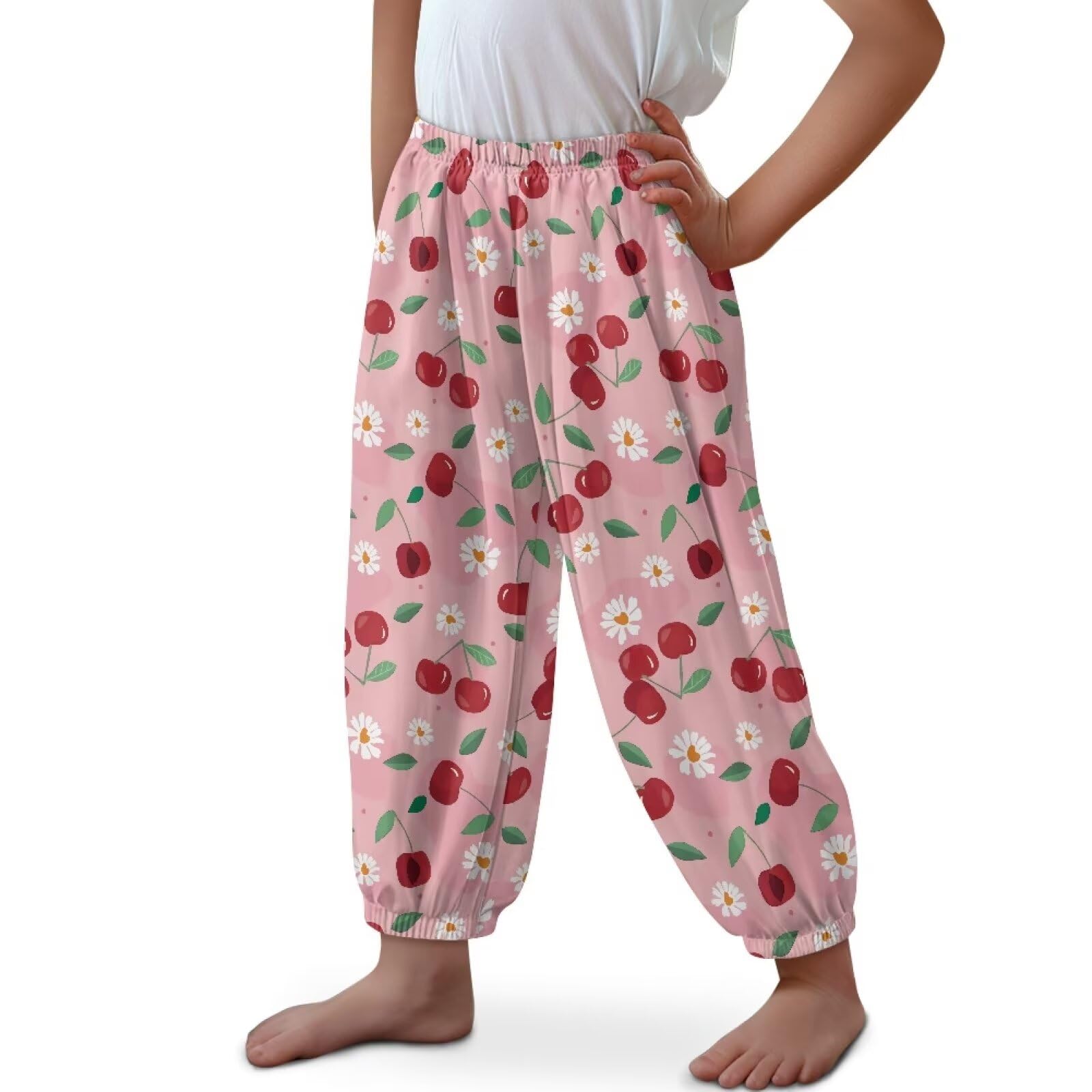 Renewold Loose Sweatpants for Kids Teens Girls Boys Active Jogger Pants Casual Lounging Bottoms Cherry Daisy Print Comfortable Soft Trousers for Hiking Cycling Dance Baggy Activewear Size M