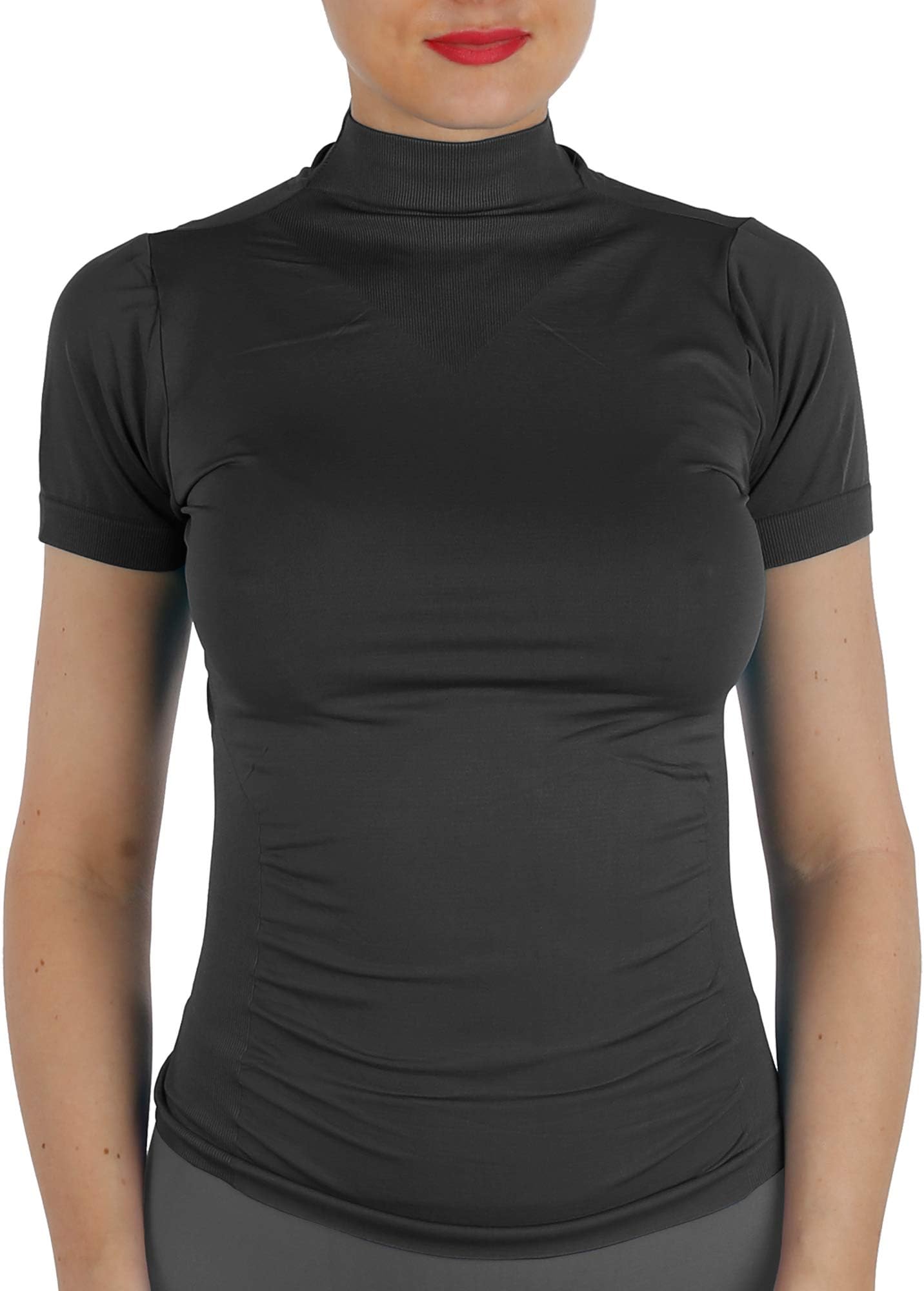 Women Short Sleeves Mock Neck Turtleneck Top Stretchy Side Ribbed Slim Fit Tight Shirts