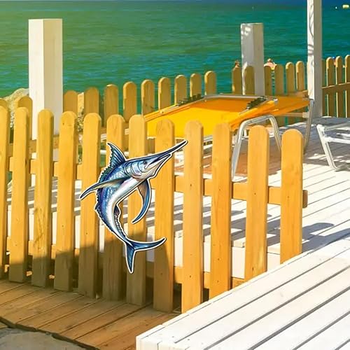 Miniatura 7 de WADORN Letrero de metal retro de pesca con marlin, 11 x 13.8 pulgadas, diseño vintage de marlin oceánico, divertido cartel de pez oceánico para