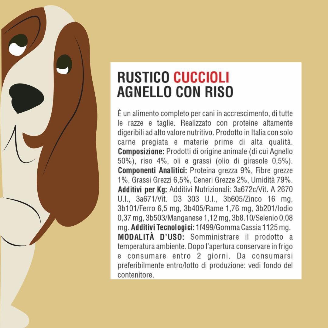 Húmedo perro rústico, alimento completo para perros cachorros de todos los tamaños y razas, altamente digerible, sabor cordero con arroz, 12 bandejas de 100 gramos cada una.